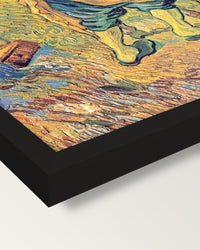 The Good Samaritan by van Gogh framed print, corner close-up: black moulding, mitred, the print set just below its edge