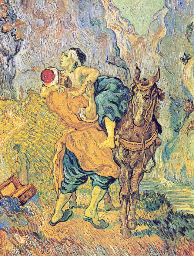 The Good Samaritan by Vincent van Gogh: a man lifting a wounded traveller onto his horse on a winding road