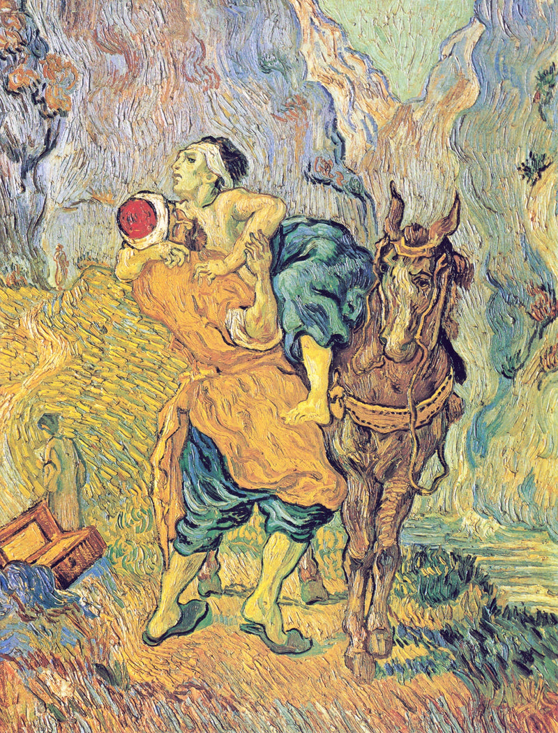 The Good Samaritan by Vincent van Gogh: a man lifting a wounded traveller onto his horse on a winding road