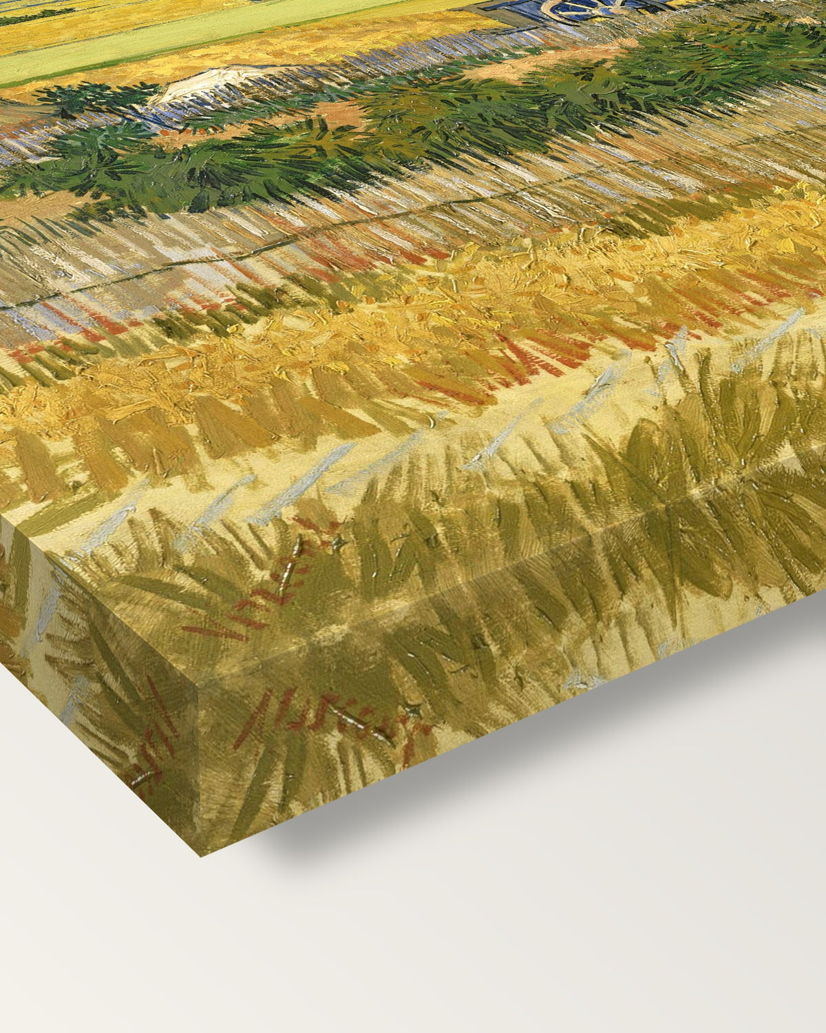 The Harvest by Vincent van Gogh on stretched canvas, corner close-up: the painting mirror-wrapped round the sides