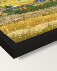 The Harvest by Vincent van Gogh framed print, corner close-up: black moulding, mitred, the print set just below its edge
