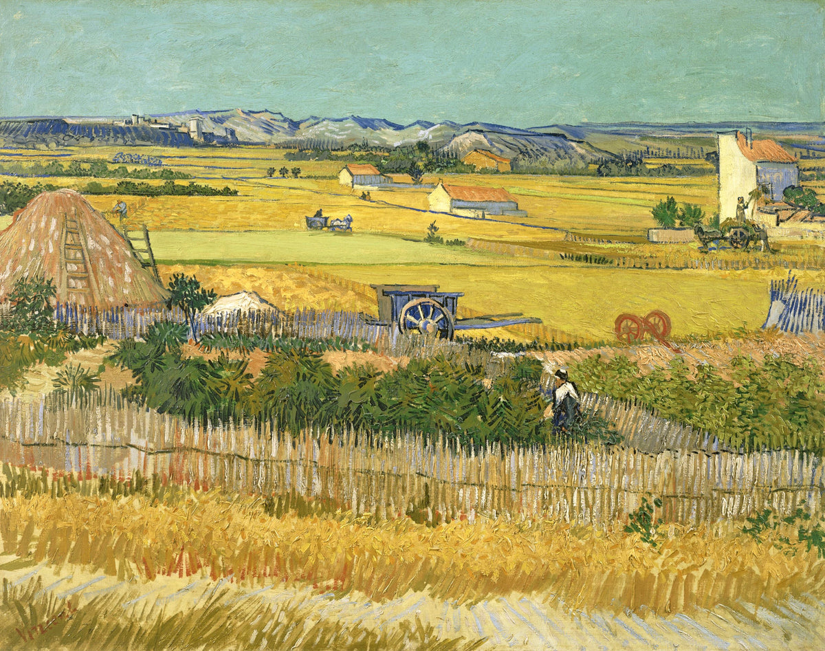 The Harvest by Vincent van Gogh: golden fields with haystacks, a cart and a ladder, blue hills under a pale green sky