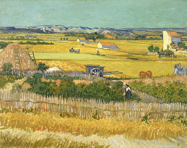 The Harvest by Vincent van Gogh: golden fields with haystacks, a cart and a ladder, blue hills under a pale green sky