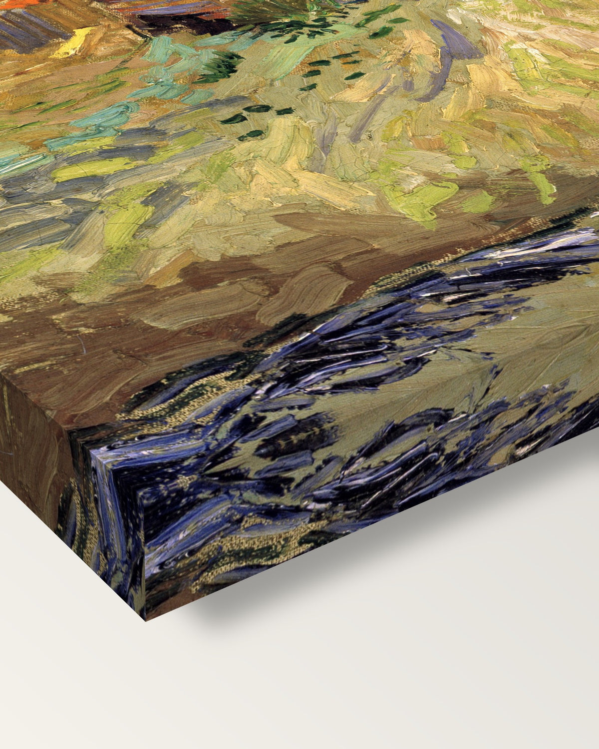 The Old Mill by Vincent van Gogh on stretched canvas, corner close-up: the painting mirror-wrapped round the sides