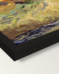 The Old Mill by Vincent van Gogh framed print, corner close-up: black moulding, mitred, the print set just below its edge