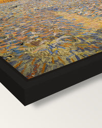 The Sower by Vincent van Gogh framed canvas, corner close-up: a black floating frame with a shadow gap round the canvas