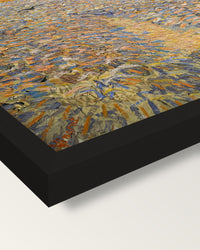 The Sower by Vincent van Gogh framed print, corner close-up: black moulding, mitred, the print set just below its edge