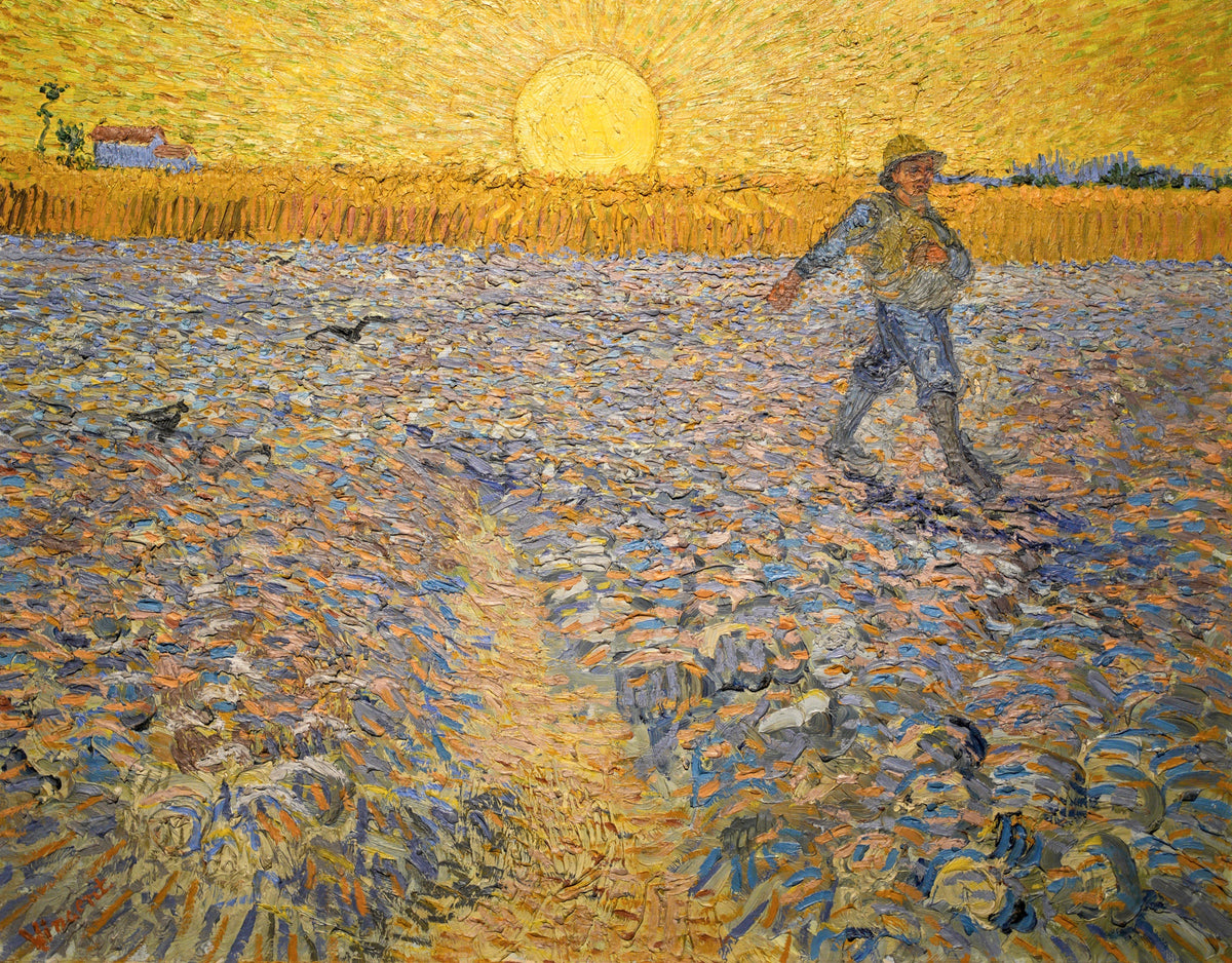 The Sower by Vincent van Gogh: a sower in blue striding across a violet field below a huge yellow sun and ripe wheat