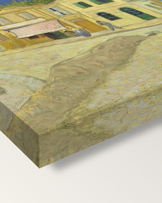 The Yellow House by Vincent van Gogh on stretched canvas, corner close-up: the painting mirror-wrapped round the sides