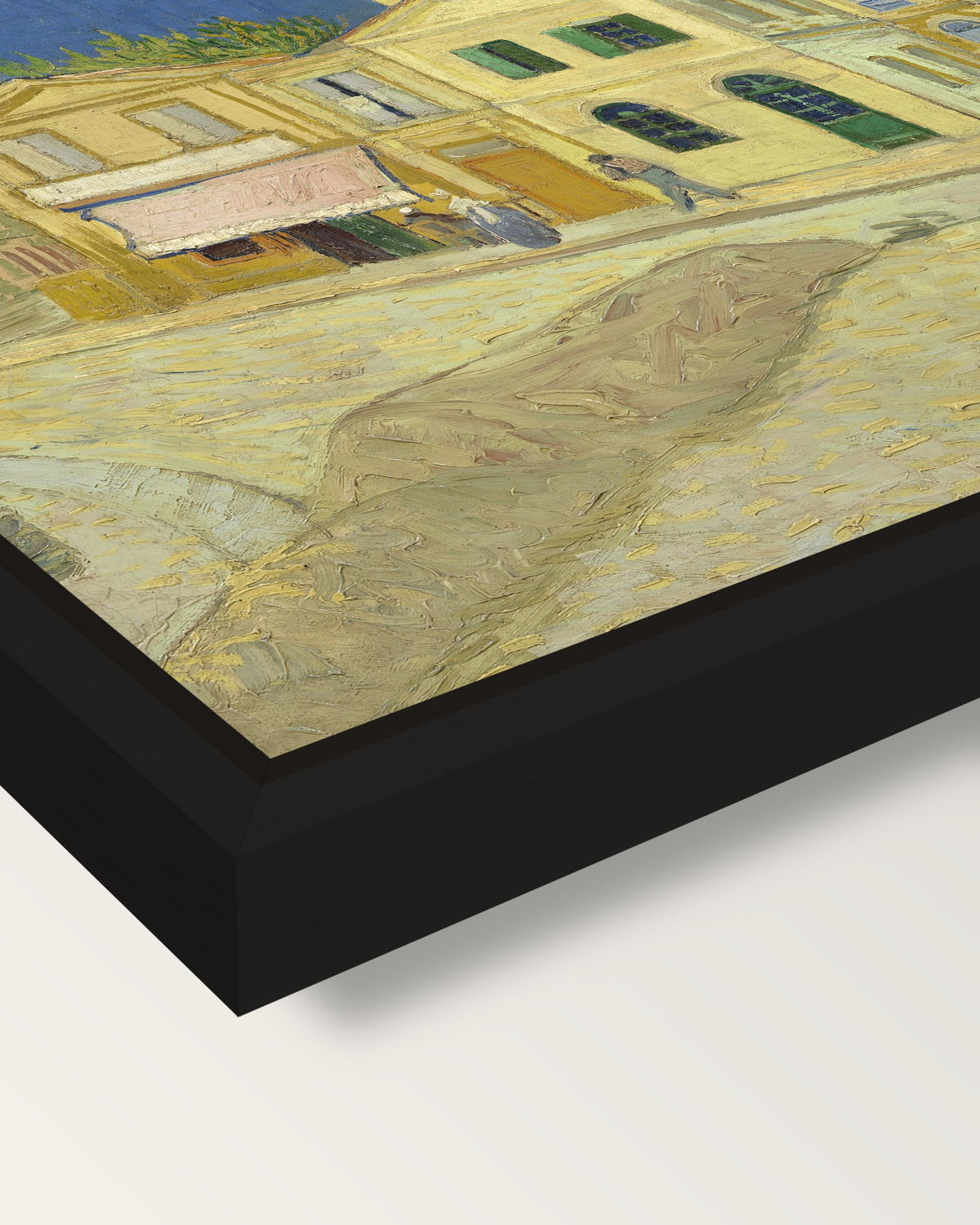 The Yellow House by van Gogh framed canvas, corner close-up: a black floating frame with a shadow gap round the canvas