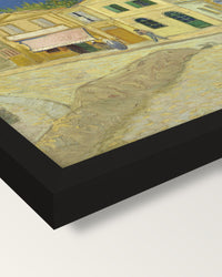 The Yellow House by Vincent van Gogh framed print, corner close-up: black moulding, mitred, the print set just below its edge