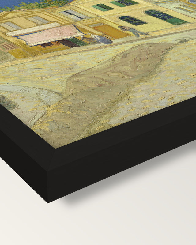 The Yellow House by Vincent van Gogh framed print, corner close-up: black moulding, mitred, the print set just below its edge