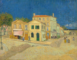 The Yellow House by Vincent van Gogh: a yellow corner house with green shutters under a deep blue sky, a street in front