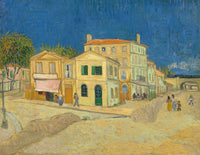 The Yellow House by Vincent van Gogh: a yellow corner house with green shutters under a deep blue sky, a street in front