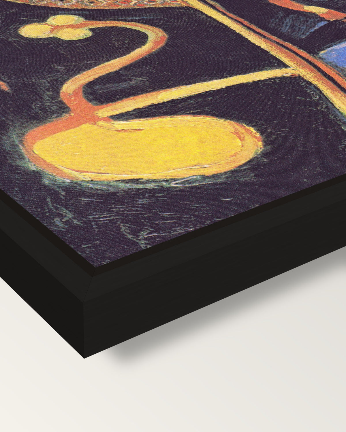 The Zouave by Vincent van Gogh framed canvas, corner close-up: a black floating frame with a shadow gap round the canvas