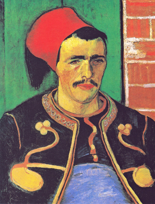 The Zouave by Vincent van Gogh: a soldier in a red cap and blue embroidered jacket before a green door and orange bricks