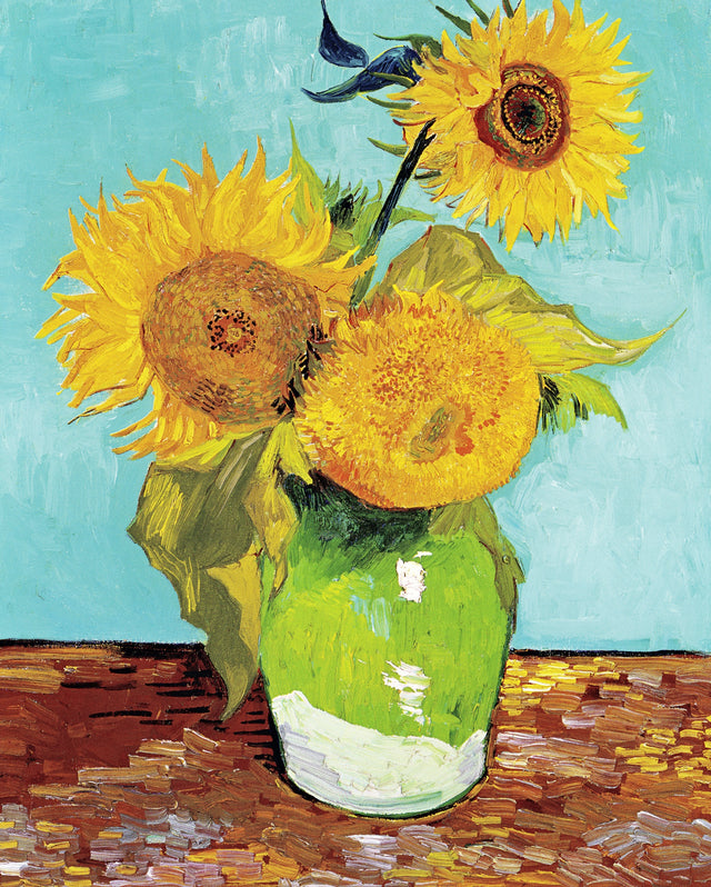 Three Sunflowers in a Vase by Vincent van Gogh: three big sunflowers in a green vase on an orange table, turquoise ground