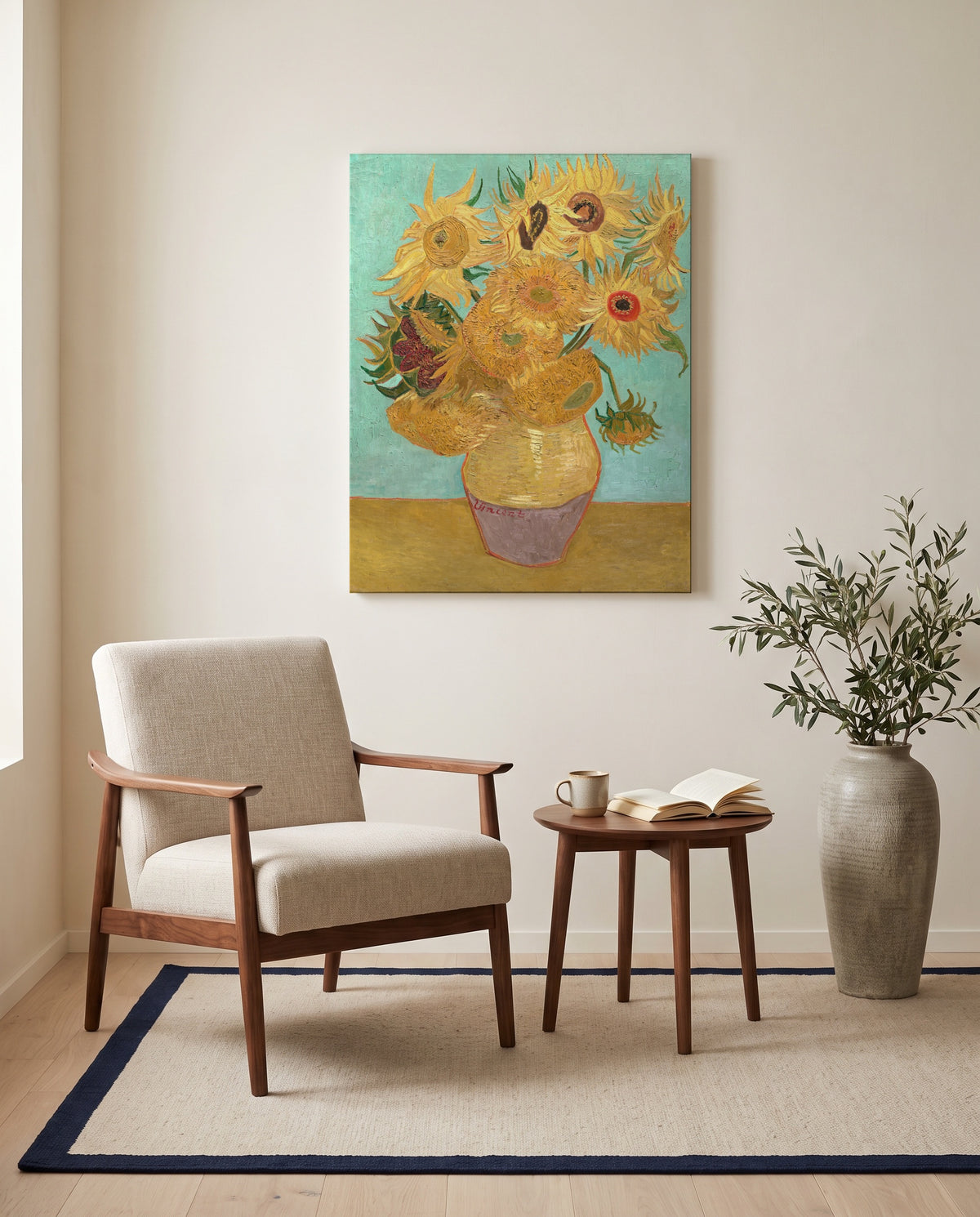 Twelve Sunflowers by Vincent van Gogh as a stretched canvas above a linen lounge chair in a reading corner