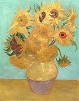 Sunflowers by Vincent van Gogh: twelve golden sunflowers in an earthenware vase against a turquoise blue-green wall