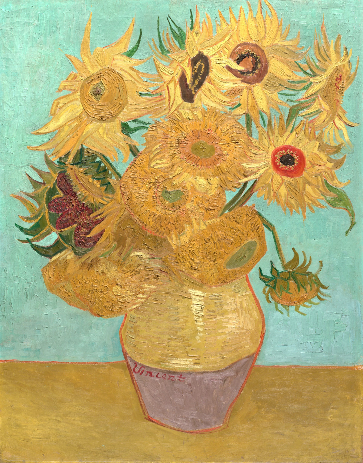Sunflowers by Vincent van Gogh: twelve golden sunflowers in an earthenware vase against a turquoise blue-green wall