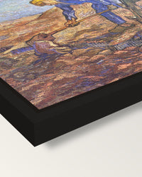 Two Peasants Digging by van Gogh framed canvas, corner close-up: a black floating frame with a shadow gap round the canvas