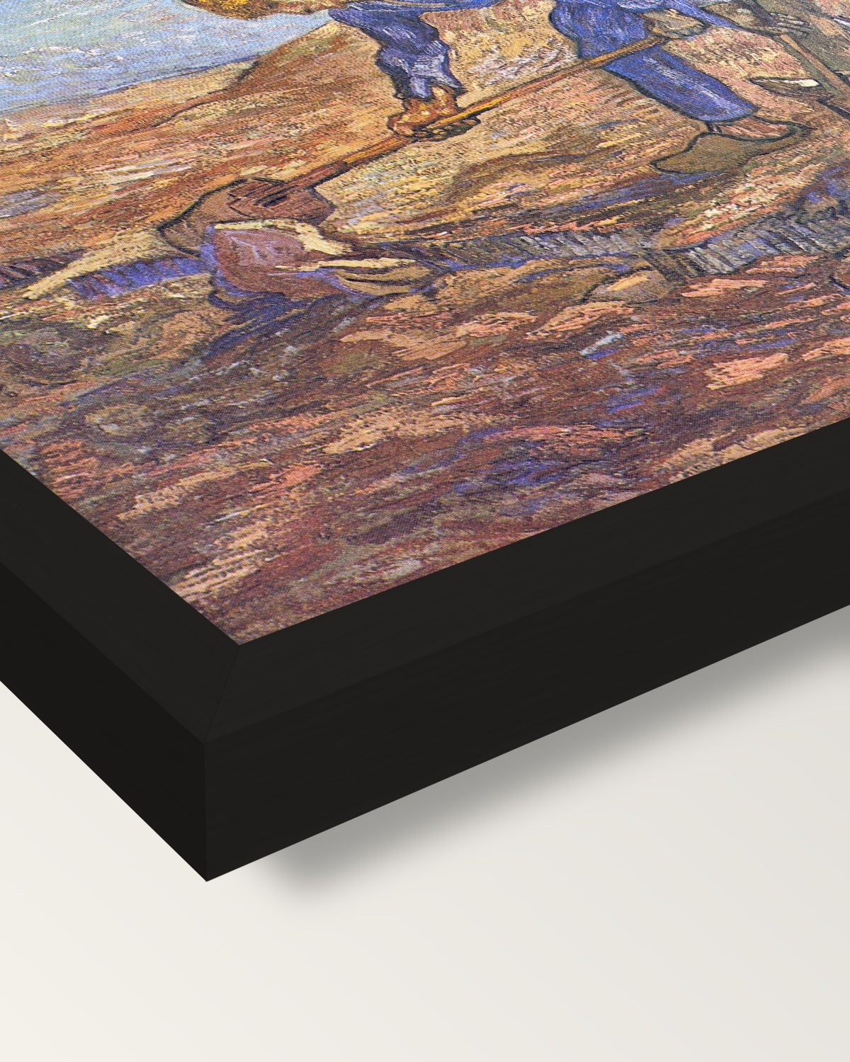 Two Peasants Digging by van Gogh framed print, corner close-up: black moulding, mitred, the print set just below its edge