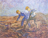 Two Peasants Digging by Vincent van Gogh after Millet: two men in blue and white digging a brown field, swirling sky