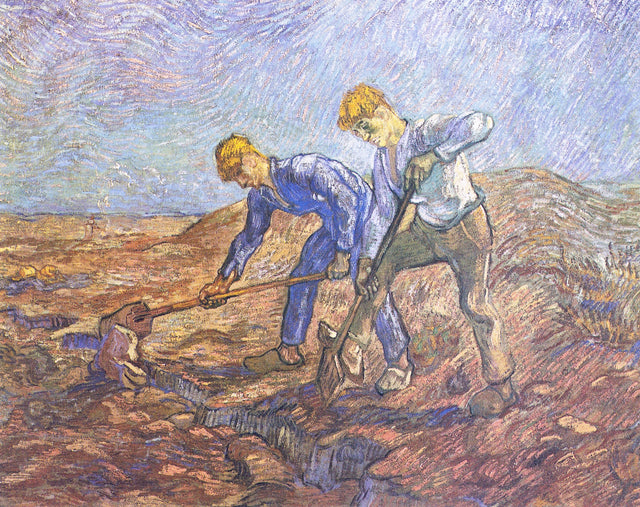 Two Peasants Digging by Vincent van Gogh after Millet: two men in blue and white digging a brown field, swirling sky