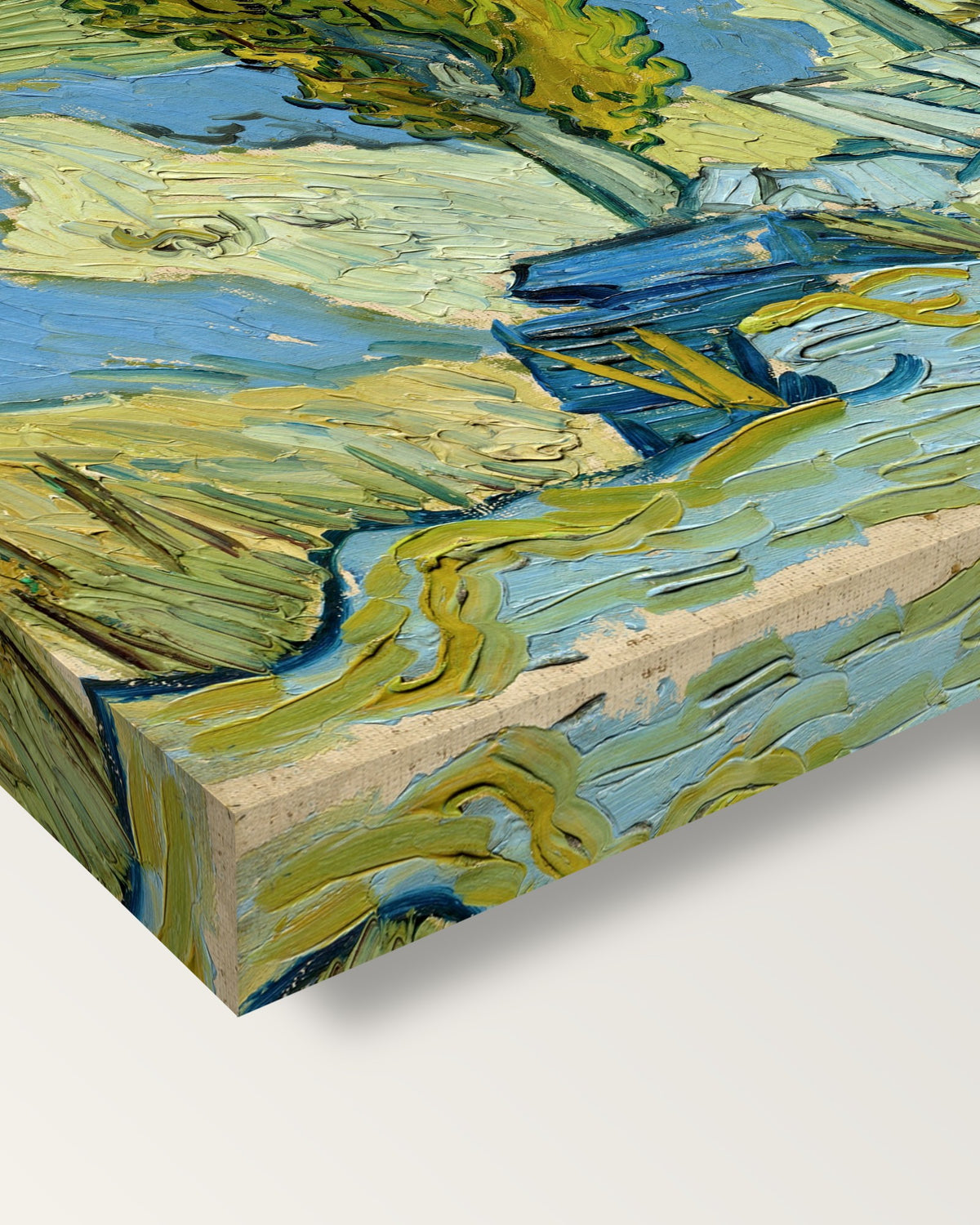 Two Poplars in the Alpilles by van Gogh on stretched canvas, corner close-up: the painting mirror-wrapped round the sides