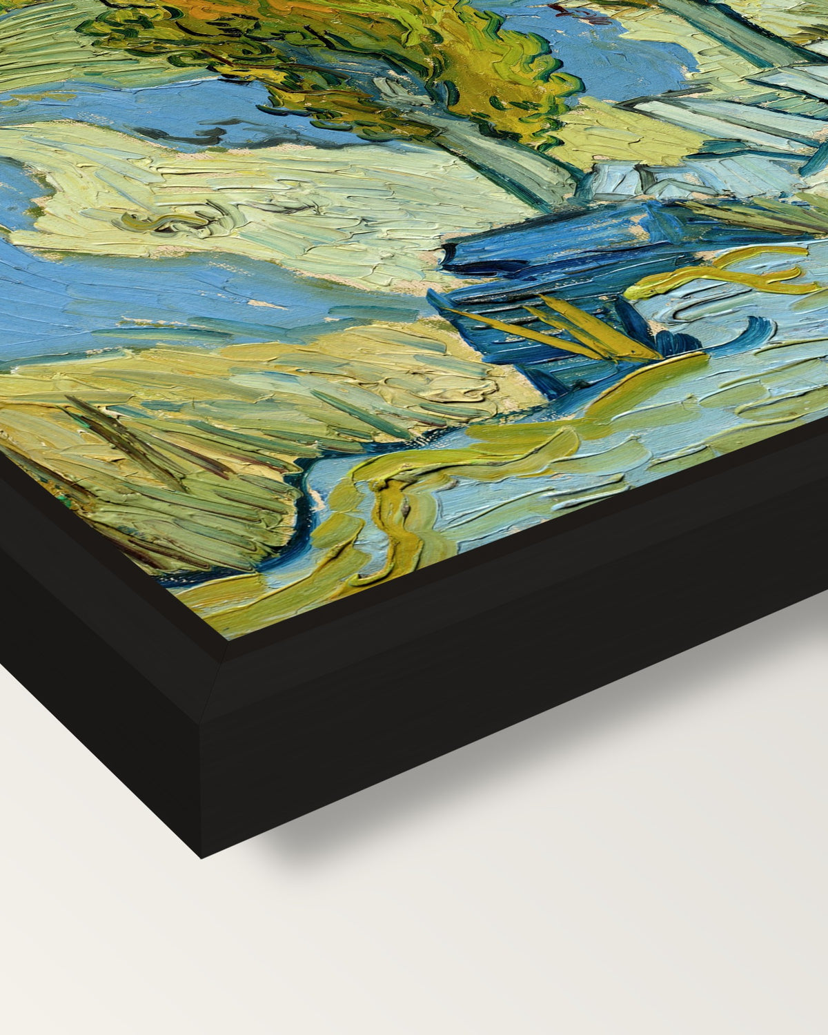 Two Poplars in the Alpilles framed canvas, corner close-up: a black floating frame with a shadow gap round the canvas