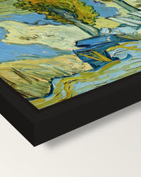 Two Poplars in the Alpilles framed canvas, corner close-up: a black floating frame with a shadow gap round the canvas