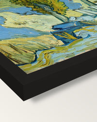 Two Poplars in the Alpilles framed print, corner close-up: black moulding, mitred, the print set just below its edge