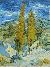 Two Poplars by Vincent van Gogh: two tall yellow poplars beside a small house, swirling blue hills and sky behind