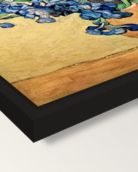 Vase with Irises by van Gogh framed canvas, corner close-up: a black floating frame with a shadow gap round the canvas