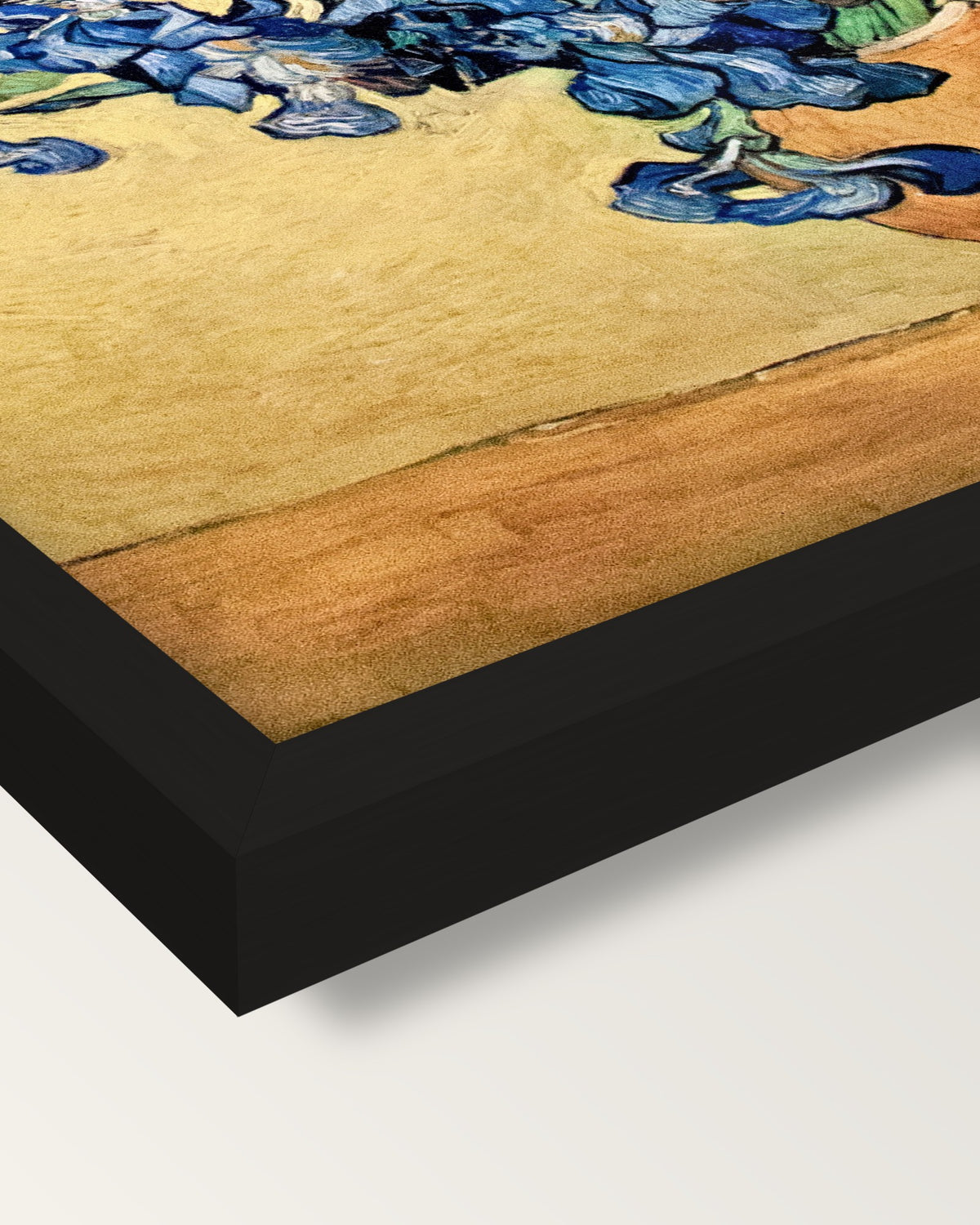 Vase with Irises by Vincent van Gogh framed print, corner close-up: black moulding, mitred, the print set just below its edge