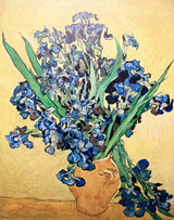 Vase with Irises against a Yellow Background by Van Gogh: violet-blue irises in a vase on a lemon-yellow ground