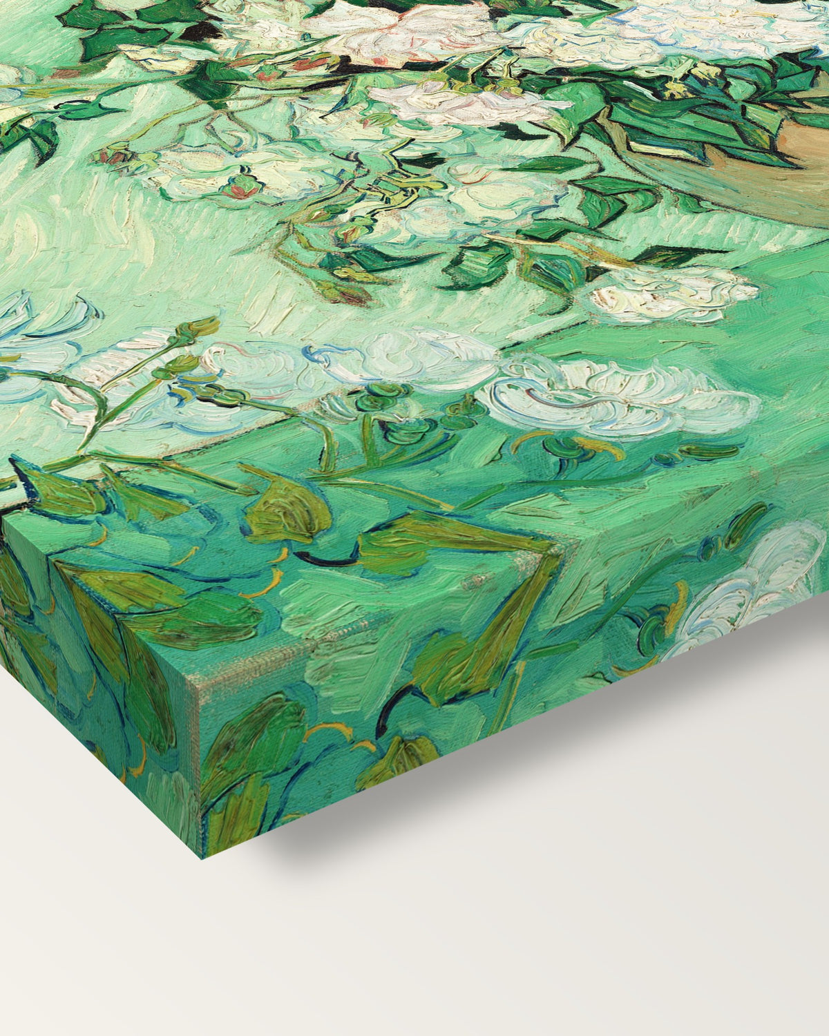 Vase with Pink Roses by Vincent van Gogh on stretched canvas, corner close-up: the painting mirror-wrapped round the sides