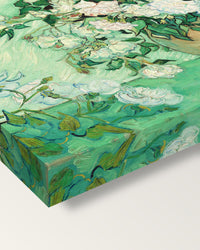 Vase with Pink Roses by Vincent van Gogh on stretched canvas, corner close-up: the painting mirror-wrapped round the sides