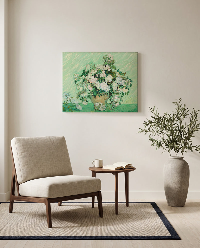 Vase with Pink Roses by Vincent van Gogh as a stretched canvas above a linen lounge chair in a reading corner
