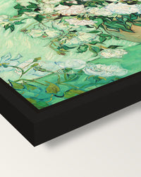 Vase with Pink Roses by van Gogh framed canvas, corner close-up: a black floating frame with a shadow gap round the canvas
