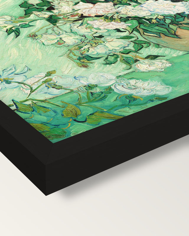 Vase with Pink Roses by van Gogh framed print, corner close-up: black moulding, mitred, the print set just below its edge