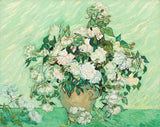 Vase with Pink Roses by Vincent van Gogh: a big bouquet of pale roses in a vase against a fresh green background