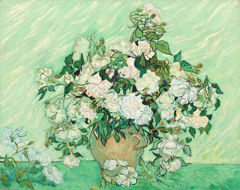 Vase with Pink Roses by Vincent van Gogh: a big bouquet of pale roses in a vase against a fresh green background