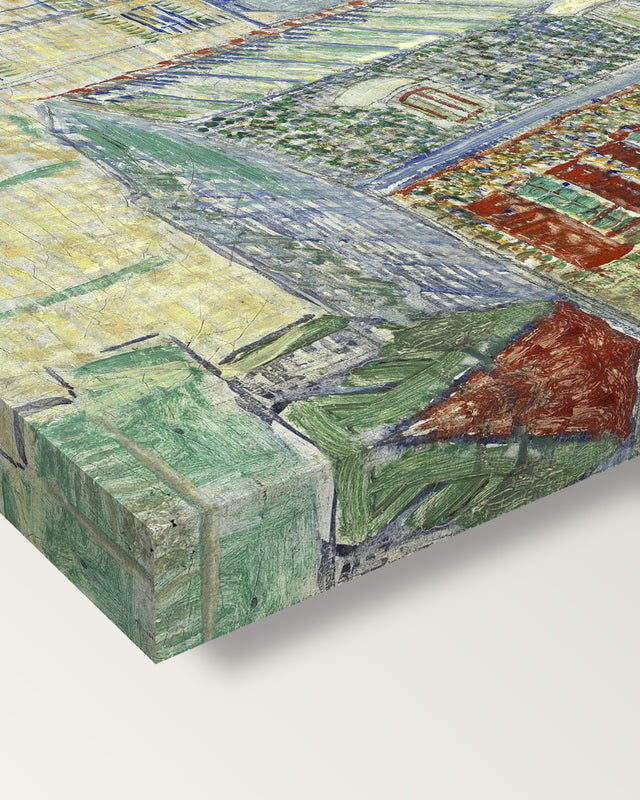 View from Theo’s Apartment by van Gogh on stretched canvas, corner close-up: the painting mirror-wrapped round the sides
