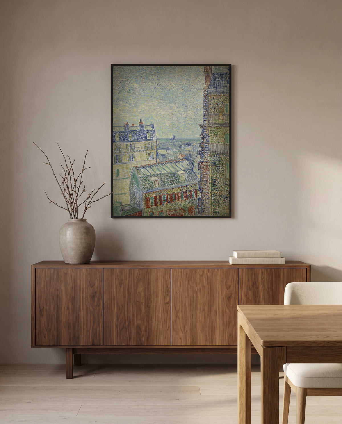 View from Theo’s Apartment by Vincent van Gogh in a black frame above a walnut sideboard in a dining room