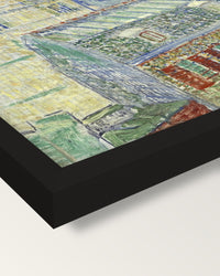 View from Theo’s Apartment framed print, corner close-up: black moulding, mitred, the print set just below its edge