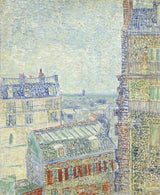 View from Theo’s Apartment by Vincent van Gogh: Paris rooftops and chimneys in pale blues stretching to a hazy horizon
