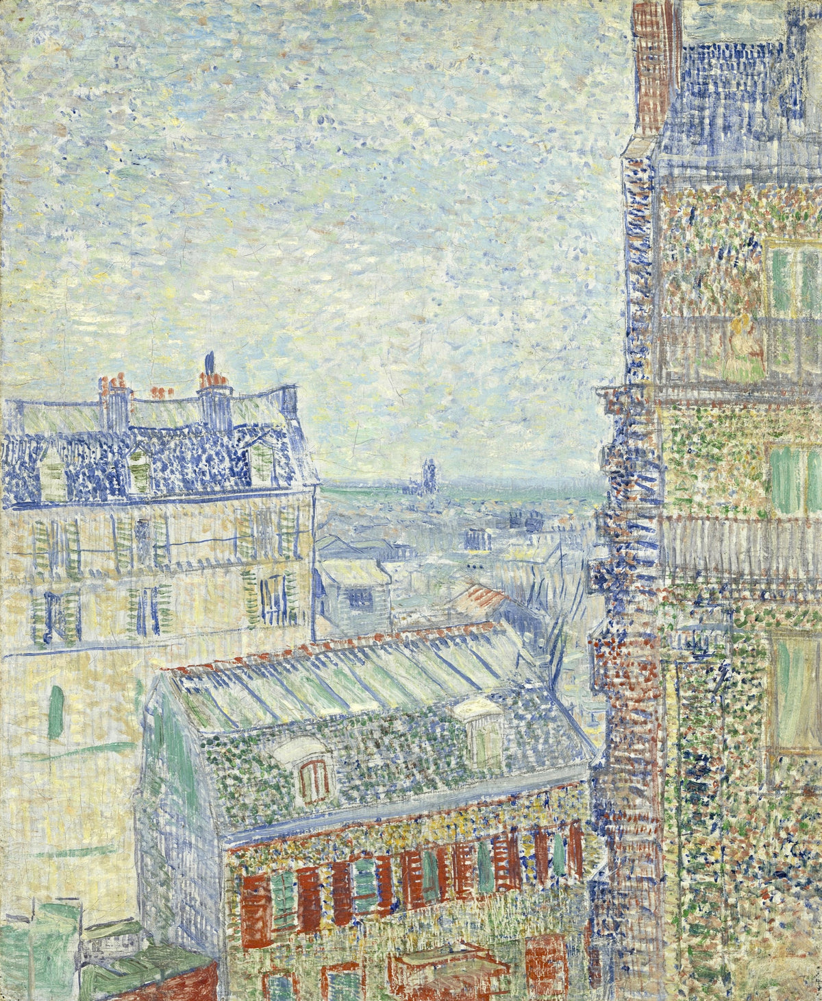 View from Theo’s Apartment by Vincent van Gogh: Paris rooftops and chimneys in pale blues stretching to a hazy horizon