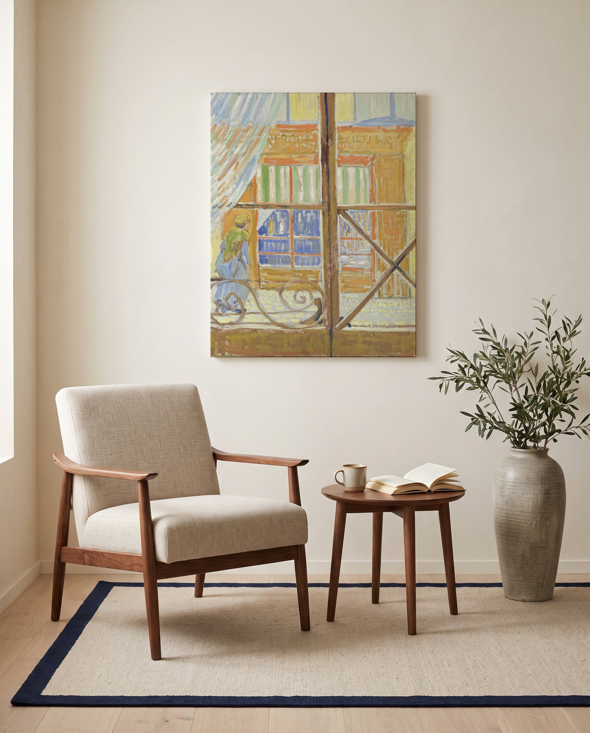 View of a Butcher’s Shop by Vincent van Gogh as a stretched canvas above a linen lounge chair in a reading corner