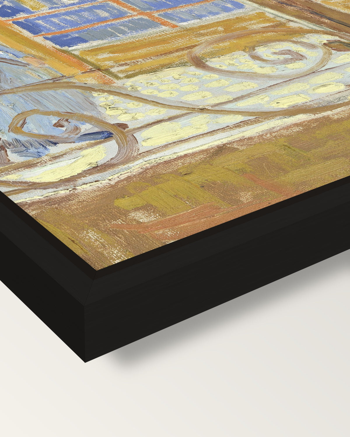 View of a Butcher’s Shop framed canvas, corner close-up: a black floating frame with a shadow gap round the canvas